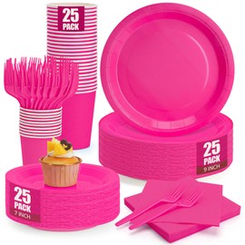 CENLBJ Hot Pink Plates and Napkins Party Supplies, Include 9’’Disposable Hot Pink Paper Plate, 7’’Dessert Plates and Cups and Napkins Forks Set for Birthday, Anniversaries, Wedding, Serves 25