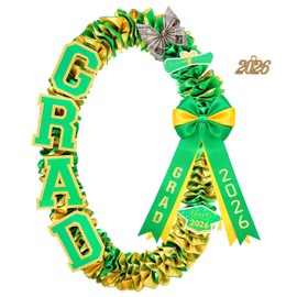 Yinkin 47 Inch Art Ribbon Leis with Bow Double Braided Money Leis Handmade Adjustable Necklace Grad Cutouts Pendant for Graduation Party Accessories(Green Gold)