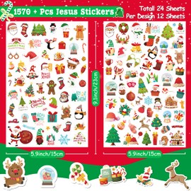 LINAYE 24 Sheets Christmas Stickers for Kids, 1570 PCS Adhesive Christmas Stickers Bulk Cute Goodie Bags Basket Stuffers Party Favors for Kids