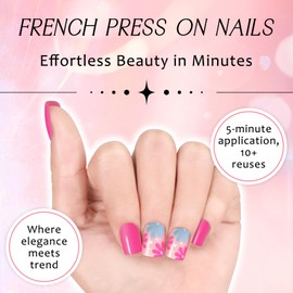 Ladiery French Press on Nails Short Square, Pink Flower Reusable lightweight Fake Nails with Glue Tool Kit for Weddings Festival Vacation Gift 24PCS