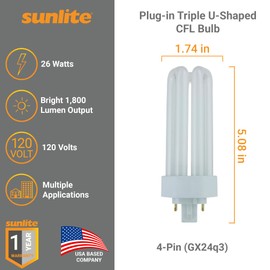 Sunlite PLT26/E/SP Compact Fluorescent Plug-in PLT 4-Pin Triple Tube, 26 Watts, 4-Pin GX24q3 Base, 1800 Lumens, 3500K Neutral White, 10 Pack