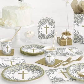 Elegant Gold Cross First Communion Napkins (16cm) - Premium Metallic Gold Design - Perfect for Holy Communion Celebrations & Special Events - 16ct