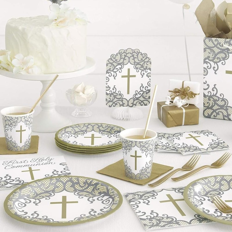 Elegant Gold Cross First Communion Napkins (16cm) - Premium Metallic
