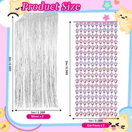 4 Pcs Cat Birthday Decorations - 2 Pink Paw Foil Fringe Curtains & 2 Silver Tinsel Backdrops for Cat Party Decorations Supplies Pet Themed Party Decor