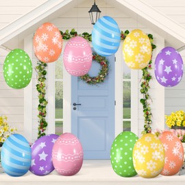 Chitidr 18 Pieces 12 Inch Inflatable Easter Eggs Easter Outdoor Yard Decoration Large Easter Inflatable Hanging Eggs Ornaments Giant PVC Kids Toys Colorful Eggs for Garden Lawn Party Decor