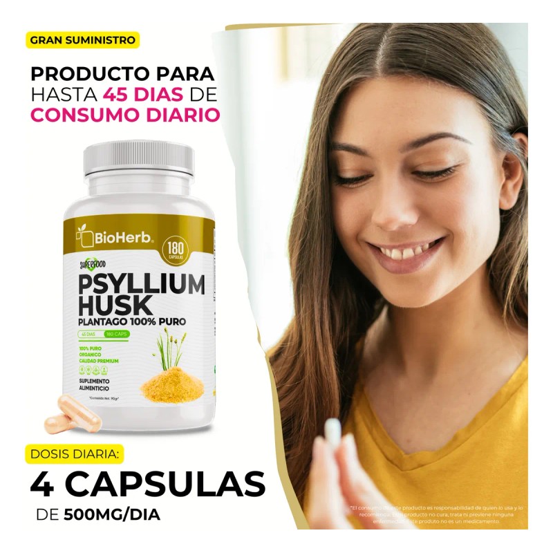Psyllium Husk Fibra Altamente Soluble 180 Capsulas Bioherb Sin Sabor