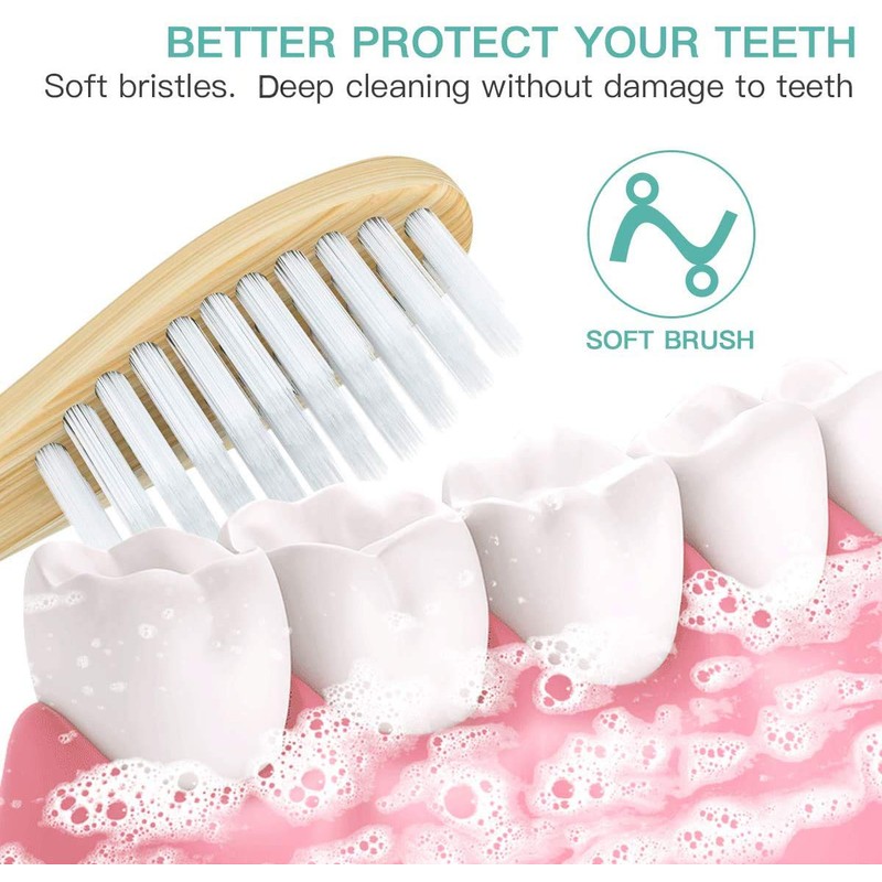 3pk Family Eco-Friendly and Natural Organic Wooden Bamboo Toothbrushes, Biodegradable,