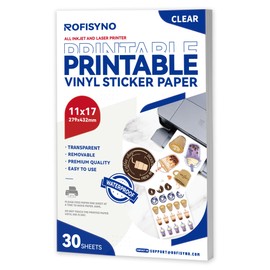 11x17 Printable Vinyl Sticker Paper Waterproof, Removable Self Adhesive Vinyl Sticker Sheets for Inkjet and Laser printer, 30 Pack, Tabloid Size, Milky Transparency