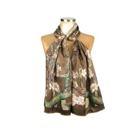 Bursa Ipek 100% Mulberry Silk Scarf for Women, Silk Hair Scarf, Famous Art Design Silk Head Scarf Printed 16"x64" (Khaki Almond Blossom)