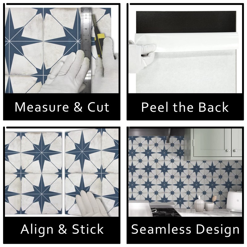 The Tiles Plaza Encaustic Peel and Stick Backsplash, Blue Star