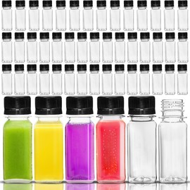 50 Pcs 2 oz Small Plastic Juice Bottles with Caps Bulk Clear Reusable Shot Bottles Empty Shot Containers Leak Proof Mini Jars with Lids for Juice Milk Ginger and Other Beverage