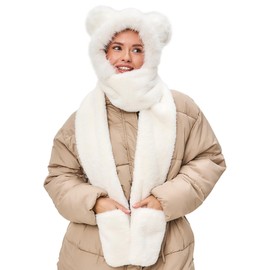 LATTEMARMALATTE Cute Bear Ears Winter Hat, 3 in 1 Plush Animal Hat with Mittens & Scarf, Faux Fur Hood for Kids Adults