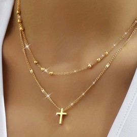 Andelaisi Boho Layered Cross Pendant Necklace Vintage Cross Choker Necklace Gold Crucifix Ball Chain Necklaces Adjustable Crucifix Religious Christian Necklaces Jewelry for Women