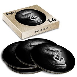 4 x Round Coasters - Black & White Gorilla Wild Animal Cork Backed MDF Glossy Tea Coffee Accessory #63024