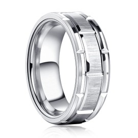 KAMASATO Tungsten Rings For Men 8mm Wedding Band Silver Brick Pattern Brushed Engagement Promise Comfort Fit Size 10
