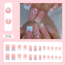 24Pcs French Tip Press on Nails Medium Length Nude Pink Fake Nails Square Tip Glitter Designs Valentine's Day Artificial Nail Heart False Nails Glue on Nails for Women DIY Acrylic Nails Decorations