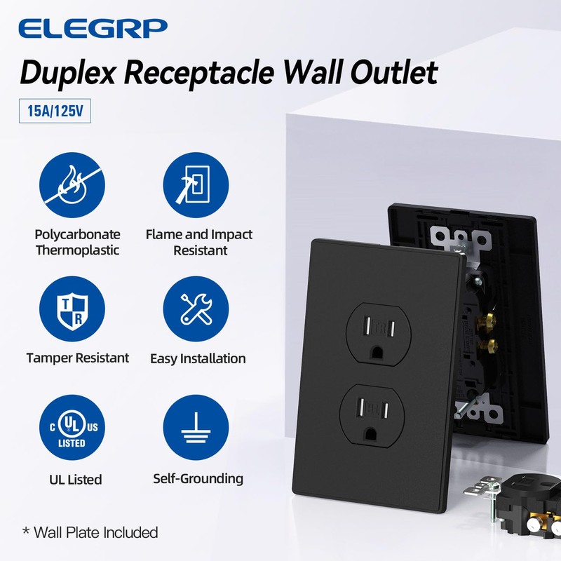 ELEGRP 15 Amp 125V Duplex Receptacle Outlets, Standard Electrical Wall