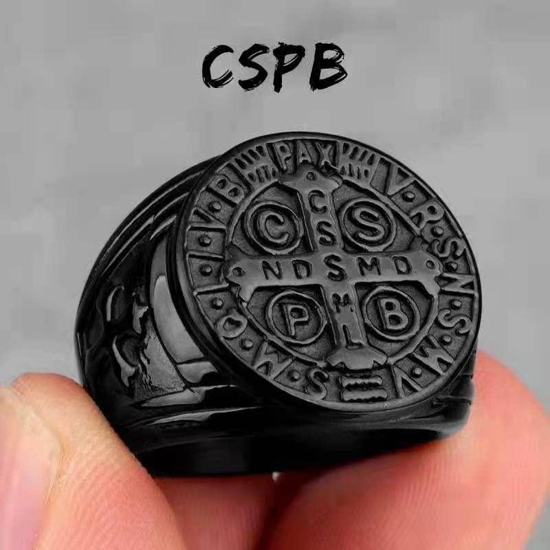 REchoLI Cross Ring for Man Black Stainless Steel Saint Benedict