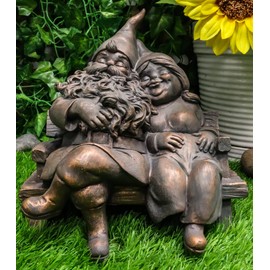Ebros Gift Whimsical Festive Holiday Novelty Forever Love Mr and Mrs Gnome Couple Sitting On Wooden Stool Bench Figurine Travelling Gnomes DIY Fairy Garden Home Decor
