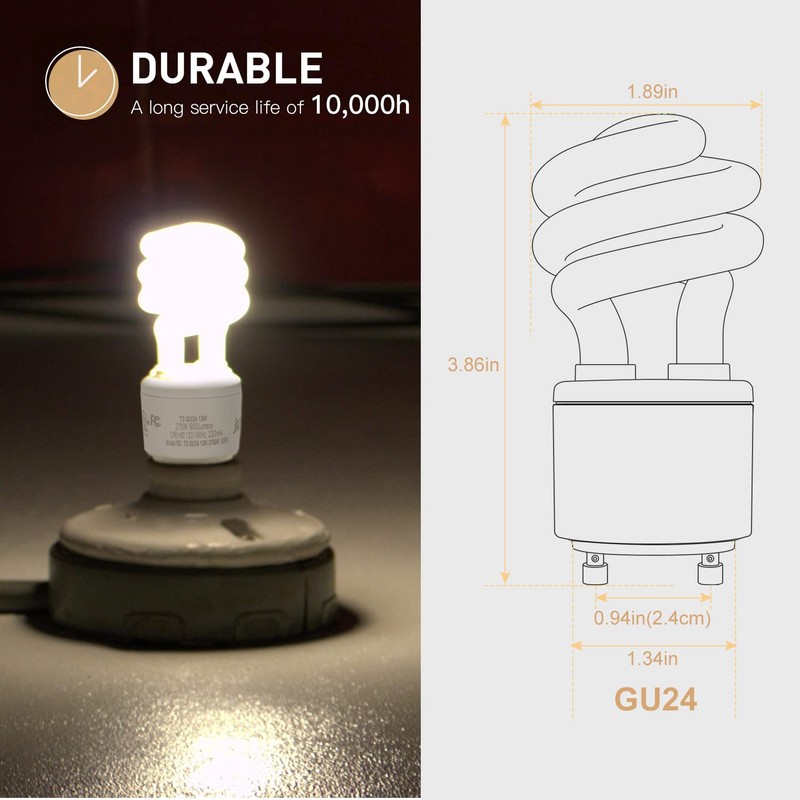 JACKYLED UL-Listed GU24 CFL Light Bulbs, T3 13W 2700K Warm