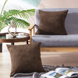 CaliTime Throw Pillow Covers Pack of 2 Comfy Corduroy Corn Striped Waffle Decorative Cushion Cases for Couch Sofa Bed Farmhouse 16 X 16 Inches Brown