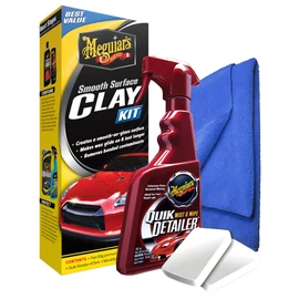 Meguiar's Smooth Surface Clay Kit - Includes 2 x 50g Premium Clay Bars, Quik Detailer 473ml and Microfibre Cloth 40cm x 40cm - Clay Bar Kit for Car Detailing - Automotive Detailing Clay