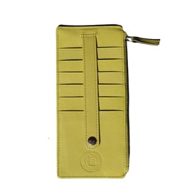 Leatherboss Genuine Leather Women's All in One Credit Business Card Case Holder Slim Zipper Wallet With a Card Protection Strap, Lemon