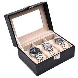 Sinoba Watch Case Watch Display Case for 3 Watches Leather Look Real Glass Window, 3 watches, Elegant
