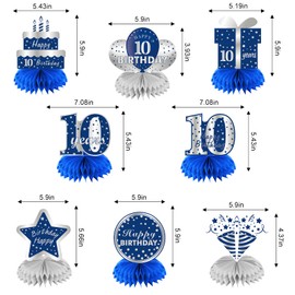 Kauayurk 8Pcs 10th Birthday Honeycomb Centerpieces Decorations for Boys, Blue Silver 10 Year Old Birthday Table Centerpiece Party Supplies, Ten Birthday Table Topper Decor Sign