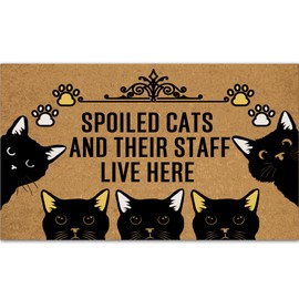 Ayatow Welcome Door Mats for Outside Entry Funny, Spoiled Cats and Their Staff Live Here Monogram Doormats for Outdoor Entrance 30" X 18" Size, Small Indoor Rugs for Entryway with Rubber Backing