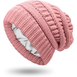 Womens Winter Warm Knitted Hat Satin Silk Lined Knit Chunky Cap (AU, Alpha, One Size, Pink)