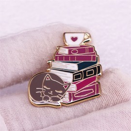 KAWADU Cat Book Coffee Lovers Bookworm Literature Brooch Pins Enamel Cartoon Metal Badges Lapel Pin Brooches Jackets Jeans Fashion Jewelry Gift for Kids