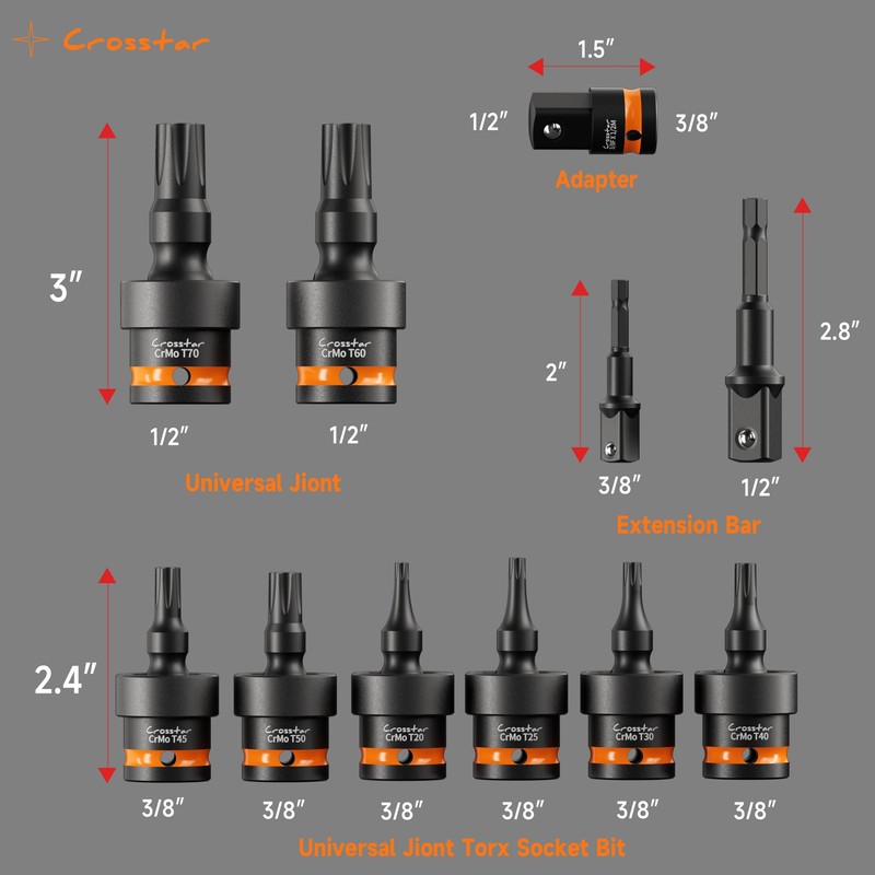 Crosstar 11PCs 3/8" & 1/2" Drive Impact Torx Swivel Socket