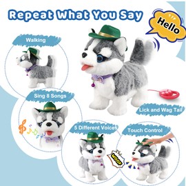 Husky Walking Dog Toy Interactive Puppy Toy Dogs for Kid Girl Licking Tail Wagging Barking Dog with Leash, Talking Singing Repeat What You Say Plush Robot Dog Electronic Pet Pretend Dress Up Gift
