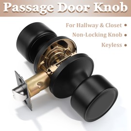knobelite 2 Pack Black Passage Door Knobs, Interior Keyless Knob for Closet/Hall Non-Locking Door, Round Design Door Hardware