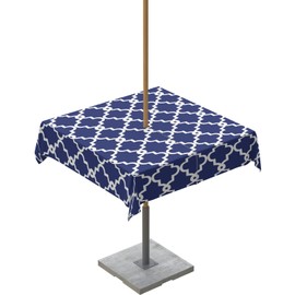 Outdoor Tablecloth Geometric Pattern Rectangle Patio Tablecloths 54x54, Table Cloths with Umbrella Hole and Zipper, Moroccan Lattice Navy and White Quatrefoil Summer Table Cover for Outdoor Tables