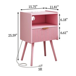 JOONEE Nightstand with Oultlet,Modern Bedside Table with Storage Drawer and Open Wood Shelf, for Living Room, Bedroom and Small Spaces, Accent Night Stand with Solid Wood Legs, Easy Assembly,Pink