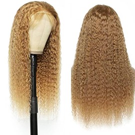 Weeybay Real Hair Wig for Women Wigs Curly Wave Human Hair Wig 4 x 4 Lace Closure #27 Blonde 150% Density Unprocessed Remy Hair Glueless for Woman 22 Inches