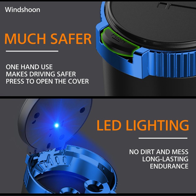 Windshoon Smokeless Car Ashtray with Lid - Stainless Steel Inner