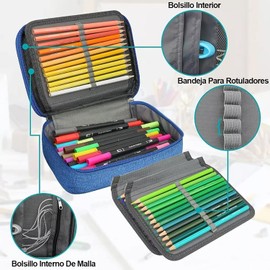 BNFU Estuche para Lapices, 72 Ranuras Lapiceras Organizadoras, Estuche para Plumones, Multifuncional Lapicero de Gran Capacidad con 2 Fundas Extraíbles, Lapicera para El Hombro Desmontable -Azul