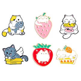 sunruchao 6Pcs Cute Cat Fish Strawberry Enamel Pin Set Cat Fruit Brooches Cartoon Animal Pins Set Lovely Cat Eat Fish Badge Colorful Pin for Women Men Kids Clothing Decorations