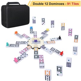 ESSAJOY Double 12 Mexican Train Dominoes, 91 Tiles Dot Dominoes Games in Portable Case with 9 Trains Instruction Booklet Score Pads and Octagon Shape Hub Family Party Table Games