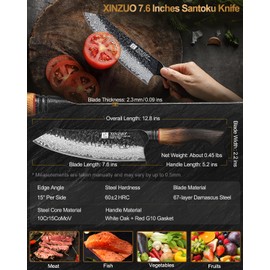 XINZUO 7.6 Inch Sharp Damascus Santoku Knife, 67 Layers Damascus Steel Blade Kitchen Knife for Home and Kitchen,10Cr15CoMoV Steel Core,With Professional White Oak + Red G10 Gasket Handle