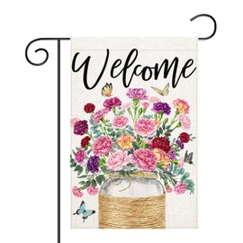 Welcome Mother's Day Garden Flag 12x18 Inch Floral Mason Jar Double Sided Burlap Garden Flag for Outdoor Yard Lawn House Decorations Women Mom Gift