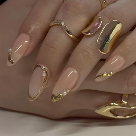 24pcs French Tip Press on Nails Short Almond Fake Nails with Pearls Rhinestones Design Full Cover Gold French Acrylic Nails Glue on Nails Glossy Reusable Artificial Nails for Women Girls Nail Decor