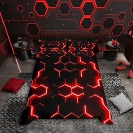 Loussiesd Honeycomb Bed Linen Set 135 x 200 cm Red Black Hexagonal Duvet Cover Set Modern Geometric Decor Bedding Set Beehive Simplistic Geometry Duvet Cover with 1 Pillowcase 80 x 80 cm