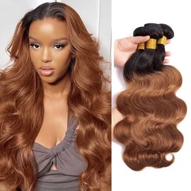 Light Brown Body Wave Bundles Human Hair T1B/30 Ombre Bundles Double Weft Brazilian Human Hair Sew-In Weave Extensions 16 18 20 Inch（Black Ombre Light Brown）