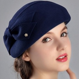 HIMESPORT Wool Felt Bowknot Elegant Fedora Hats Women Fascinators Pillbox Hats Formal Church Derby Dress Fedoras Navy