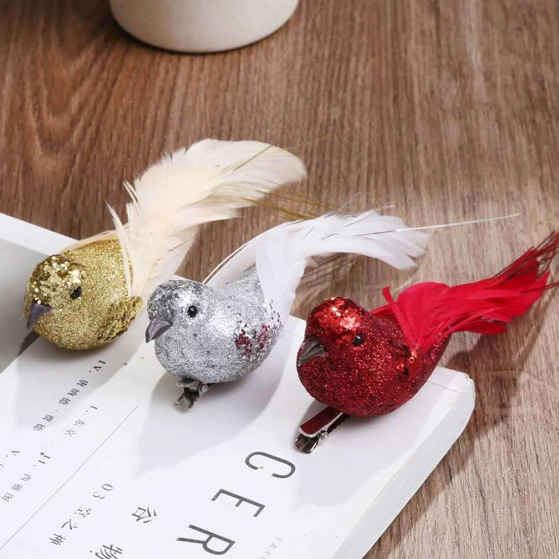6pcs Silver Glitter Birds Decorations Christmas Tree Clip on Bird