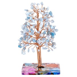 KYEYGWO Aquamarine Crystal Tree with Agate Slices Resin Base Reiki Healing Money Tree for Wealth and Luck